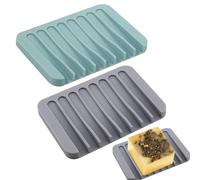 2 Soportes Jabon de Silicona Gris Azul Claro, Sin Taladrar, Con Drenaje Automático, Material Duradero, Bandeja Multifuncional para Baño, Cocina, Lavabo, Mantener Jabon Seco