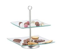 2 Soportes para Tartas, Cupcakes y Fruta de 2 Pisos, Cristal-Acero, Plateado-Transparente, 28 x 24,5 x 24,5 cm