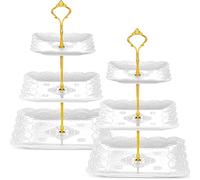 2 soportes para tartas de porcelana para magdalenas, postres, 3 niveles, bandeja de cerámica en relieve para bodas, cumpleaños, fiestas de té, color blanco (estilo cuadrado de encaje)