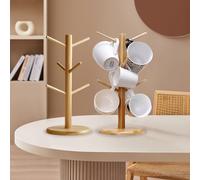 2 soportes para vasos de bambú, soporte para vasos de árbol, soporte para pretzels con 6 ganchos, soporte para tazas de bambú, soporte para tazas, accesorios para taza de café, pretzel, tazas,