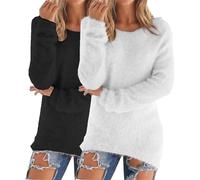 2 suéteres de forro polar para mujer, cuello redondo, suéteres largos para mujer, suéter de punto de manga larga con cuello redondo, suéteres casuales cálidos con hombros descubiertos, AA., 5XL