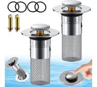 2 tapones de desagüe de acero inoxidable 304 con colador, tapón de desagüe para lavabo, tapón de filtro pop up, filtro de pelo, para lavabo, desagüe de suelo, bañera de 34 - 40 mm