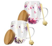 2 tazas de café de doble pared con flor seca, vasos de doble pared de 350 ml con asa, vasos de cristal de doble capa, flores secas, vasos de café Macchiato con flores secas para té