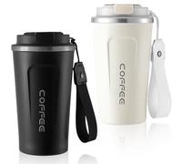 2 tazas de café para llevar, 510 ml, taza térmica de acero inoxidable, a prueba de fugas, taza de café de viaje con tapa, doble pared, aislada, taza de coche para agua, café y té (blanco y negro)