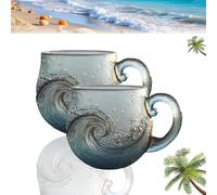 2 tazas de cristal hechas a mano con diseño de olas de mar de playa, tazas temáticas de playa con textura única, para café, té y vino, recuerdo para entusiastas del océano y amantes de los viajes