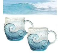 2 tazas de vidrio marino con diseño de olas de mar de 12 onzas, vasos de olas del océano, cristalería única para té, café, cócteles, amantes de la playa y regalos