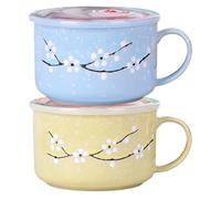 2 tazones de sopa con asas, taza de sopa de microondas resistente al calor con sellado de 800 ml / 28 oz con tapa Taza de viaje de cerámica floral invernal para ramen, fideos, gachas - Tazón de cer