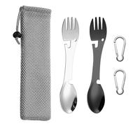 2 tenedores multifunción de acero inoxidable y cuchara abrelatas con 2 mosquetones, 1 bolsa de almacenamiento, cubiertos integrados, adecuado para exteriores, senderismo (plata, negro)