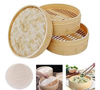 2 Tiers & Lid Bamboo Steamer Basket Handmade Bamboo Steamer Premium Bamboo Steam Basket Bamboo Healthy Traditional Cooking Tool Durable Bamboo Steamer Fish Rice Snack Basket Set (20cm)