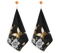 2 toallas de cocina superabsorbentes con mariposas doradas, toallas de mano suaves y pequeñas con lazo para colgar, paño de cocina, paño de limpieza de microfibra de secado rápido, trapos de cocina
