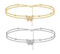 2 Tobilleras, Tobilleras De Doble Capa En Forma De Mariposa, Adornos para Tobillos Femeninos, Piezas A Juego para La Moda De Verano (Dorado, Plateado).