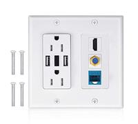 2 Tomas de Corriente 15 A con Doble Puerto de Carga USB 2.4 A Placa de Pared con iluminación LED, IQIAN 1 HDMI HDTV + 1 CAT6 RJ45 Ethernet + Cable coaxial TV Tipo F Keystone Placa Frontal Blanca