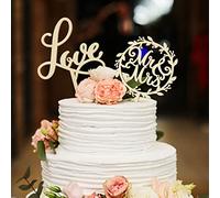 2 Toppers de Pastel de Boda Decoración de Tarta de Boda de Letras Adorno de Pastel Mr and Mrs Inserto de Tarta de Boda de Madera Rústica para Fiesta Aniversario Compromiso (Estilo Amor)