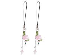 2 Uds Correas para Teléfono Flor Loto, Aleación Zinc Vidrio Dije Flor con Cuentas Elegante y Estético Llavero para Mujer Bolso Cartera (Rosa, Negro)