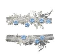 2 uds lazo de pierna bordado cinturón muslo Liga nupcial ligas elásticas flor perla elegante fiesta boda(Blue,52-90cm 20.5-35.5in)