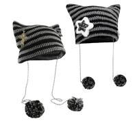 2 Uds Sombreros De Punto con Orejas De Gato, Lindos Sombreros Tipo Jersey con Bolas De Piel, Sombreros A Rayas De Moda para Mujer, Sombreros Cálidos De Invierno, Accesorios Góticos