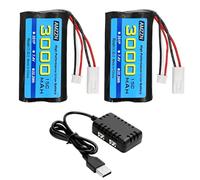 2 Unidades 7.4V 3000mAh 15C 2S Mini Tamiya Enchufe de Iones de Litio con Cargador 2 en 1, Apto para UDI009 UDI902 UDI002 AA102 feilun FT009 RC Barco; batería del Modelo de lancha de Alta Velocidad
