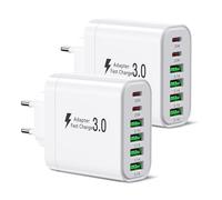 [2 unidades] Cargador USB C, conector de carga multipuerto, bloque de carga de 6 puertos de 52 W, cargador rápido de doble PD, cargador de pared USB C, adaptador compatible con iPhone 12/13/14/15