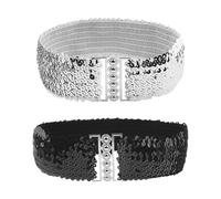 2 Unidades De Cinturón Con Purpurina Para Mujer, Cinturón Ancho Con Lentejuelas, Cinturón De Moda Con Hebilla De Metal, Cinturilla Elástica, Cinturilla Ajustable, Adecuado Para Vestidos, Jeans