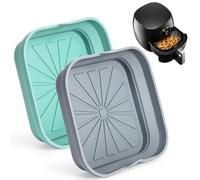 2 Unidades Molde Silicona Freidora de Aire, Bandejas Cuadradas Reutilizables para Airfryer con Asas, Insertos Plegables, Aptos para Lavavajillas, Horno y Microondas, Azul y Gris Claro