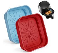 2 Unidades Molde Silicona Freidora de Aire, Bandejas Cuadradas Reutilizables para Airfryer con Asas, Insertos Plegables, Aptos para Lavavajillas, Horno y Microondas, Rojo Oscuro y Azul Cielo