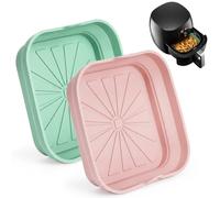 2 Unidades Molde Silicona Freidora de Aire, Bandejas Cuadradas Reutilizables para Airfryer con Asas, Insertos Plegables, Aptos para Lavavajillas, Horno y Microondas, Rosa y Cian