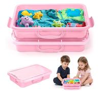 2 unidades Sensory Bin con tapa para niños, Play Sand con caja de arena, juguete con asa para niños, caja de arena portátil Sensory para niños, bandeja de plástico para agua, arena, perlas y más (rosa