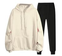 2 unids Jogging Mujer Conjunto Sudadera con Capucha y Pantalones Jogging Suit Invierno Cálido Traje Mujer Moda Color Sólido Manga Larga Sudadera Elástica Diario Clásico Barato, beige, XL