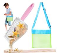 2 Unids/set Pala de Arena de Acero Inoxidable Bolsa de Playa de Malla con Correa Ajustable para Niños para Recolectar Conchas Marinas Caza en Roca Recoger Conchas Marinas Tamiz de Arena y Bolsa de