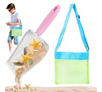 2 Unids/set Tamiz de Arena y Bolsa de Conchas Marinas Pala de Arena de Acero Inoxidable Bolsa de Playa de Malla con Correa Ajustable para niños para Recolectar Conchas Marinas Caza en Roca Recoger