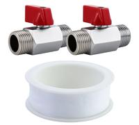 2 válvulas de bola de latón de 1/2 pulgadas, mini válvula de bola de 1/2 pulgadas, mini válvula de globo, con 1 pieza de cinta cruda blanca, para baño, cocina, jardín, casa
