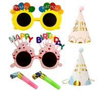 2 vasos, 2 sombreros de cono, 2 dragones que soplan, gafas de fiesta para niños, sombreros de papel de cumpleaños, juego de accesorios de silbato para animar, adecuado para fiesta de cumpleaños
