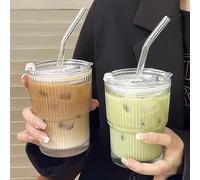 2 Vasos de Cristal de 400 ml Con Tapa y Pajita, Herméticos y Resistentes al Agua - Para Batidos, Café Helado, Té y Bebidas Con Burbujas