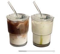 2 vasos de cristal de 400 ml, taza de café con tapa, pajita y cepillo de cristal, tiras de cristal, vasos para batidos, vaso de cristal refrigerado con hielo, taza de café helado, taza de café helado