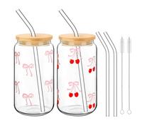 2 vasos de cristal de 500 ml con tapa y pajita, vasos de cristal, pajarita rosa, regalo para mejor amiga, vaso con lazo para batidos, café, cócteles, té