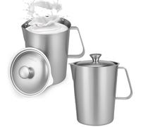 2 vasos medidores de acero inoxidable, 2 jarras de espuma de leche de acero inoxidable con mango y prueba de óxido, graduada de metal con marca transparente para restaurante casero, café con