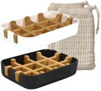 2 x jabonera sostenible, ecológica Fabricada en Madera de bambú Natural con Bandeja de Goteo de Fibra de bambú. Colores Blanco y Negro + 2 Bolsas de jabón de sisal Natural para Peeling Corporal