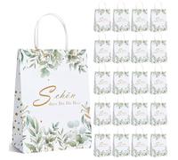 20 bolsas de regalo con asa 21 x 15 x 8 cm - Bolsas de papel blanco eucalipto para cumpleaños infantiles, bodas, regalos, comunión, bautizo - Bolsas de regalo «Schön Dass Du Da Bist Mitgebsel Tüten