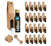 20 Botellas de Cristal Oscuro 100 ml con Tapón de Rosca Dorado + 20 Cajas + 20 sellos + 20 Etiquetas Kraft + Cuerda - Botellas Pequeñas para Aceite de Oliva, Vinagre, Alcohol, Muestras
