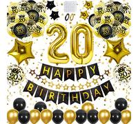 20 cumpleaños decoración - Globos negros y dorados para niño/niña con pancarta de feliz cumpleaños, globos de confeti para decoración de cumpleaños