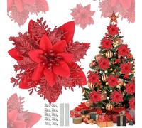20 flores de Navidad, flores artificiales con rayas brillantes, estrella de Navidad, flores con tallos de alambre y clips, decoración para árbol de Navidad, decoración de puerta, corona para bodas y