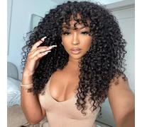 20 Inch Glueless Wig With Bangs Brazilian Curly Human Hair Wig With Bangs Full Machine Made Non Lace Glueless Wig Human Hair Natrual Black Color Kinky Curly Human Hair Wig For Women