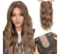 20 Inch Natural Brown Synthetic Hair Toppers Long Wavy Hairpieces For Women 6" ×6" Large Base Lace Front Topper Clips In(G)