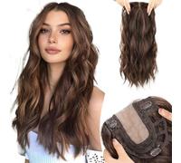 20 Inch Natural Brown Synthetic Hair Toppers Long Wavy Hairpieces For Women 6" ×6" Large Base Lace Front Topper Clips In(S)