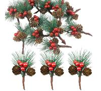 20 Pequeñas Ramas de Abeto Artificial con Bayas y piñas, Púas de Pino Ideal como decoración navideña, decoración de Adviento, Interior y Exterior