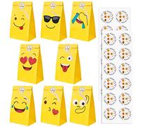 20 Piezas Bolsas de Papel Emoji, Bolsas Cumpleaños Infantil con 24 Pegatinas, Bolsas Papel Regalo con 8 Diseños, Bolsas Regalo Pequeñas, para Envolver, Galletas, Dulces, Fiesta, Boda, 22X12X8 cm