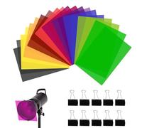 20 Piezas Filtro de Luz de Gel de Corrección de Color,Metacrilato de Colores A4 - 20 láminas con 10 Colores Vibrantes y 10 Clips Negros - Fácil de Cortar y Combinar