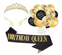 20 Piezas Oro Corona De Cristal Birthday Queen Sash,NCumpleaños Fabulosa Corona de Oro Negro Globos,Cumpleaños Mujer Tiara Corona y Faja,Negro y Oro Globos,Para Atraer Más Cumplidos