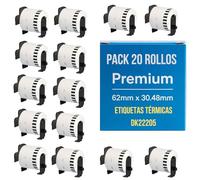 20 Rollos de Etiquetas DK22205 compatible con Brother QL - Cinta Continua DK-22205 de Papel Térmico 62mm x 30.48m, para Impresoras QL-500 550 570 700 710W 720NW 800 810W 820NW