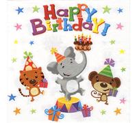 20 Servilletas Cumpleaños Animales con Estrellas y Pasteles Divertidas Lindas Elefante Ratón, Tigre, Cumpleaños Infantiles, Decoupage, Decoración de Mesa, 33 x 33 cm.